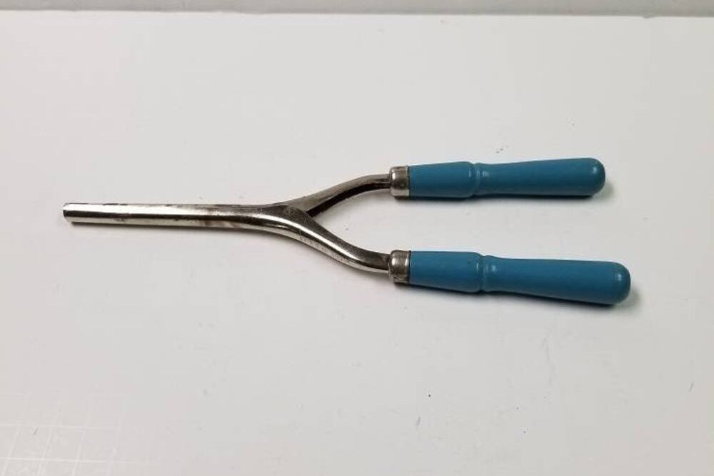 Vintage Hair Tongs 1930s Curling Iron Blue Wood Handle Metal Barrel Salon Decor